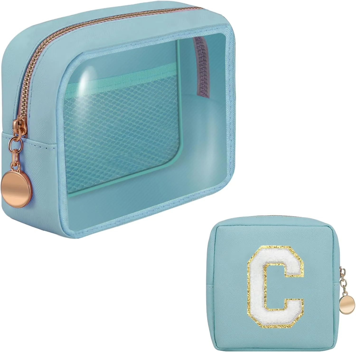 Personalized Initial Clear Bags Set, Clear Cosmetic Bags,Make Up Pouches, Clear Pouch for Organization, Clear Toiletry Travel Bag,Gifts for Women (C, Blue (1 Mini))