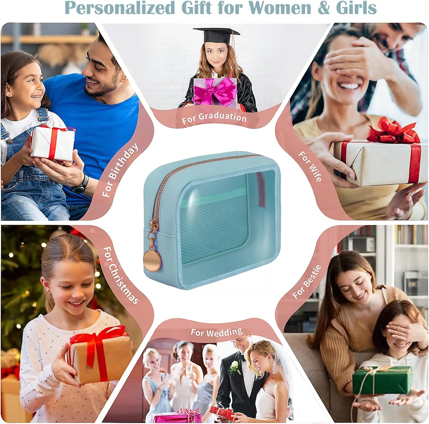 Personalized Initial Clear Bags Set, Clear Cosmetic Bags,Make Up Pouches, Clear Pouch for Organization, Clear Toiletry Travel Bag,Gifts for Women (C, Blue (1 Mini))