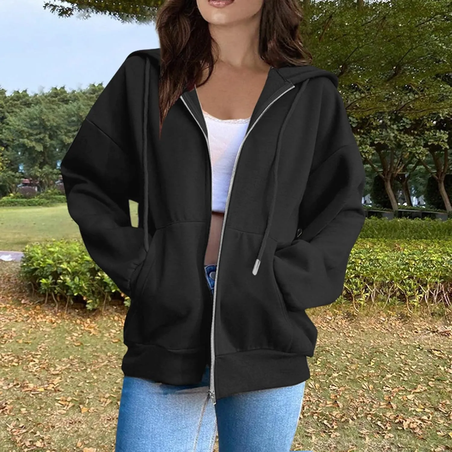 Plus Size Hoodies for Women Y2k Comfy Full Zip Fleece Hoodie Drop Shoulder Oversized Zip Up Cardigan Sweatshirts