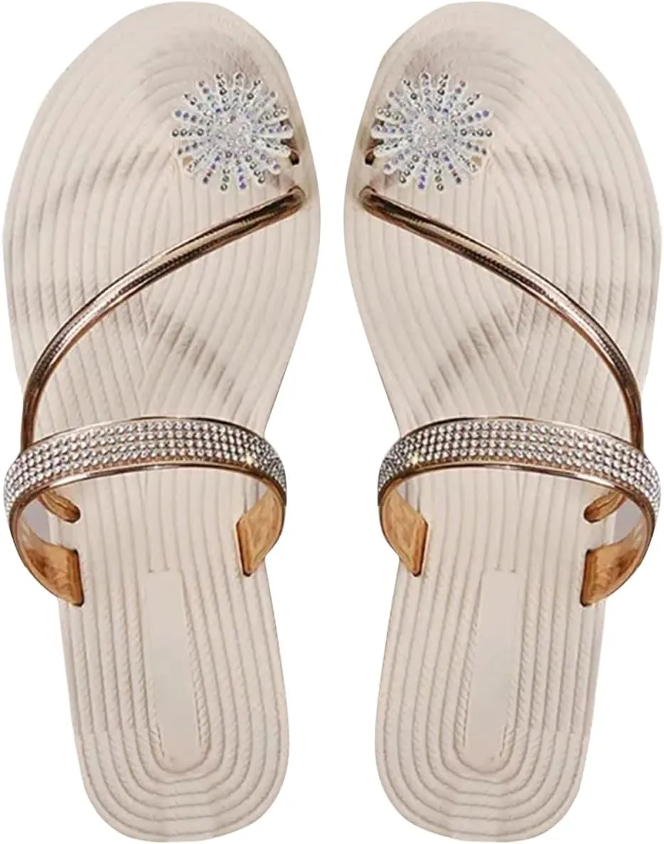 Rhinestone Floral Pattern Toe Ring Beach Flip Flops