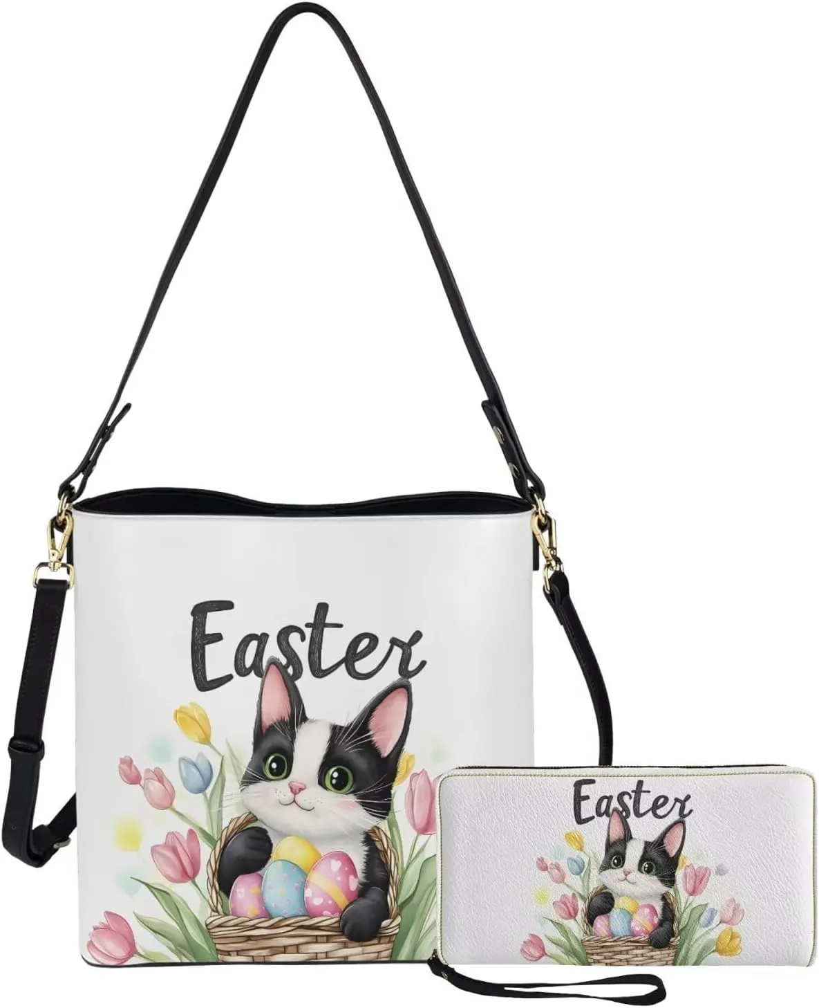 Rnyleeg Leather Crossbody Bag for Women Large Bucket Bag for Travel Hobo Bag with Matching Small Purse Wallet 2 Pack