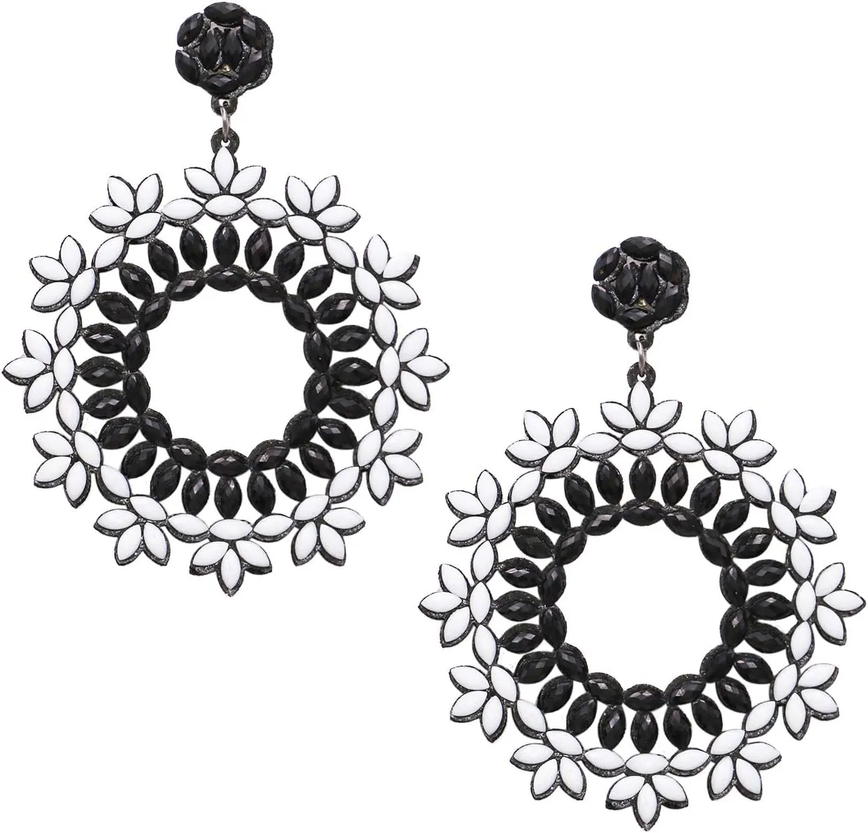 Rosemarie & Jubalee Women's Statement Black And White Crystal Flower Embellished Forward Facing Hypoallergenic Post Back Hoop Earrings, 3.5"