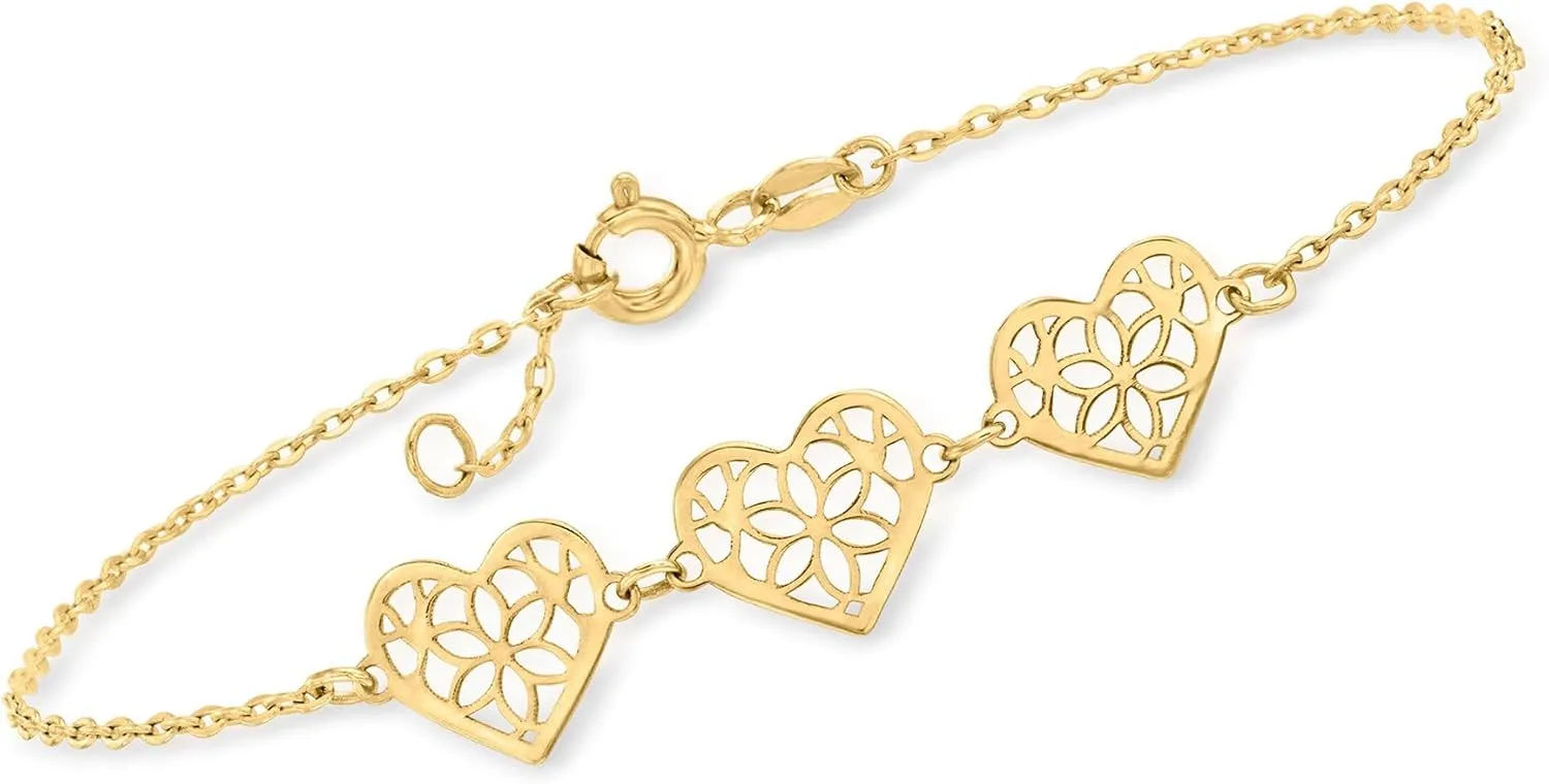 Ross-Simons Italian 14kt Yellow Gold Floral-Pattern Heart Station Bracelet