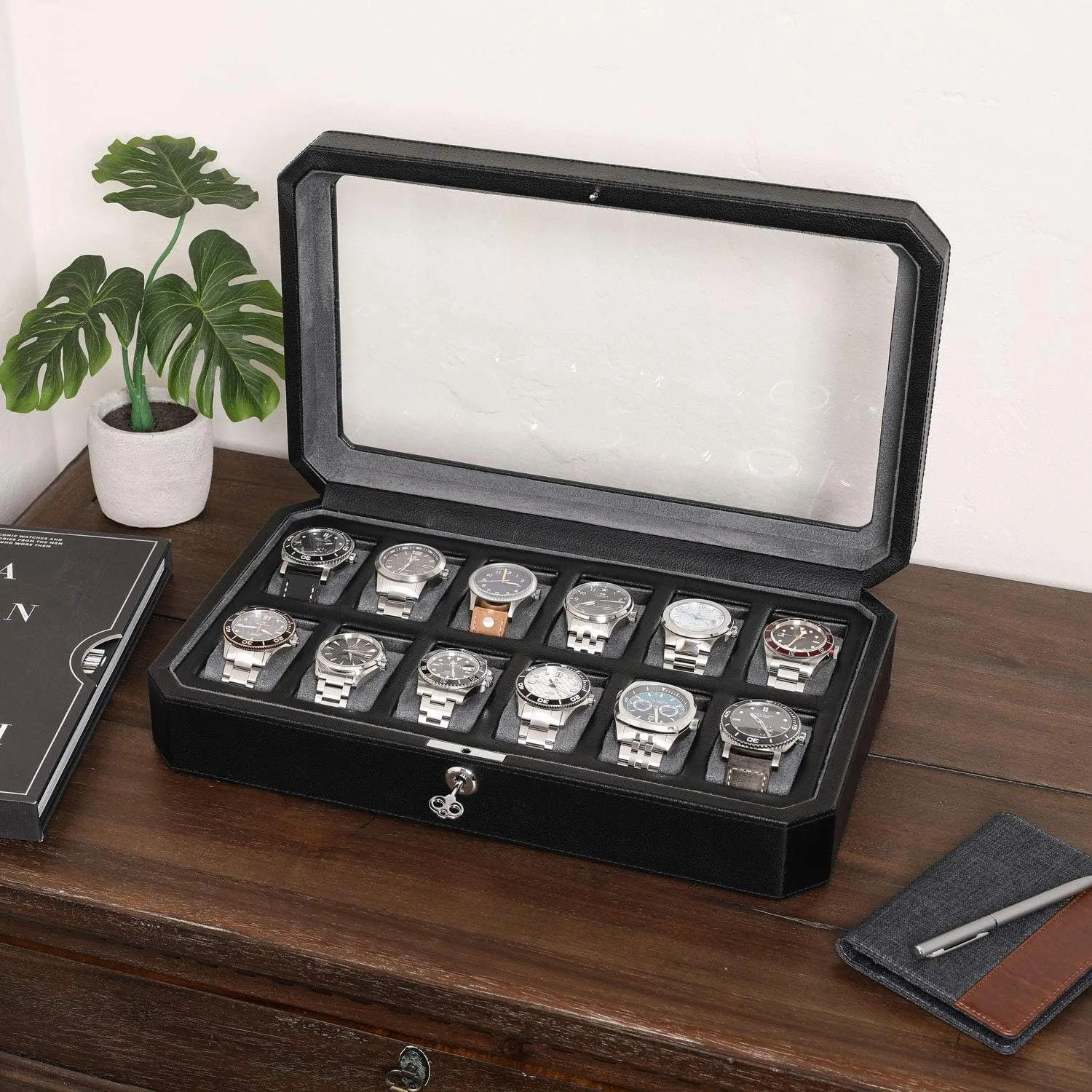 ROTHWELL 12 Slot Leather Watch Box for Men - Luxury Case Display Jewelry Organizer with Microsuede Liner - Travel Jewelry Case for Mens Accessories, Travel Organizer (Black & Grey)