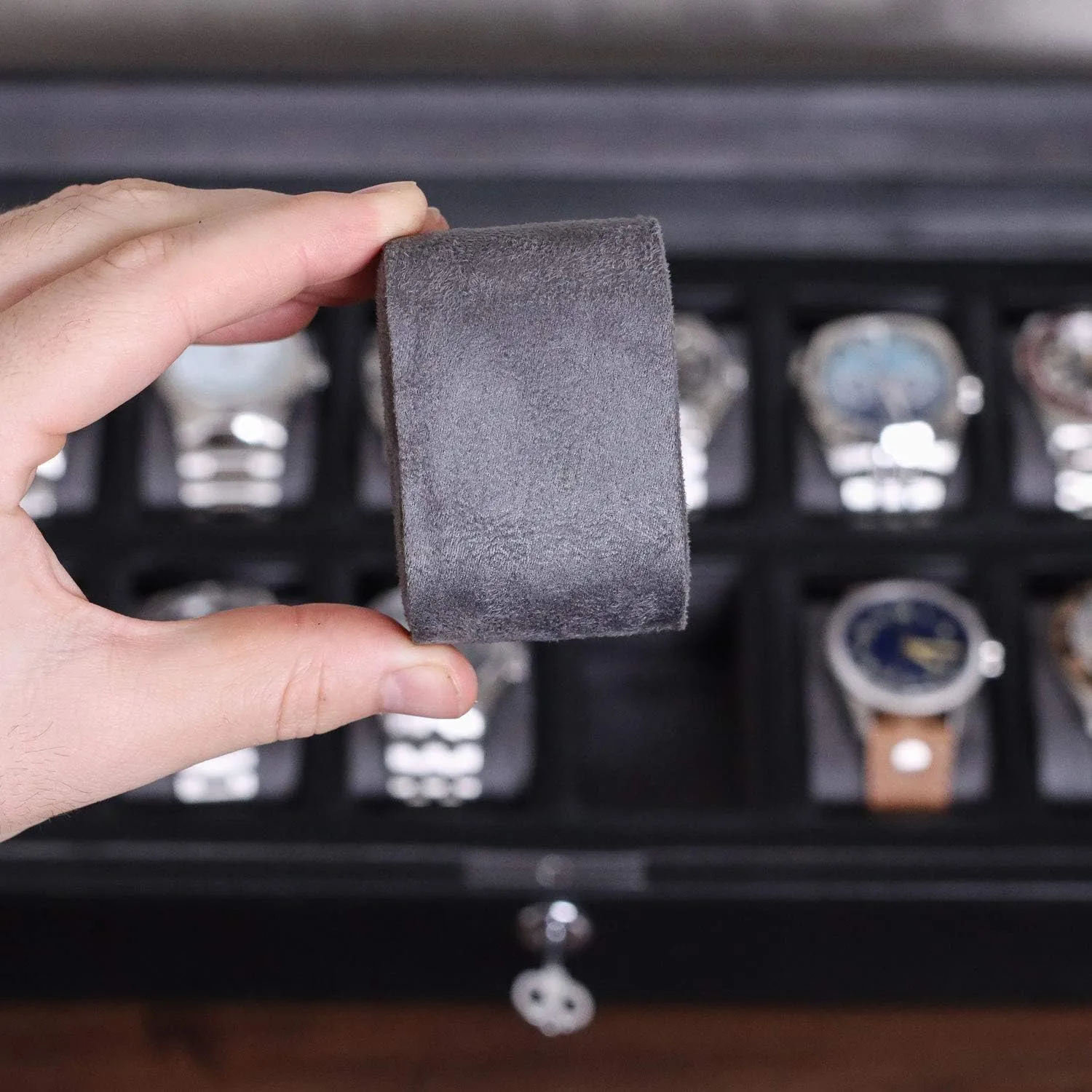 ROTHWELL 12 Slot Leather Watch Box for Men - Luxury Case Display Jewelry Organizer with Microsuede Liner - Travel Jewelry Case for Mens Accessories, Travel Organizer (Black & Grey)