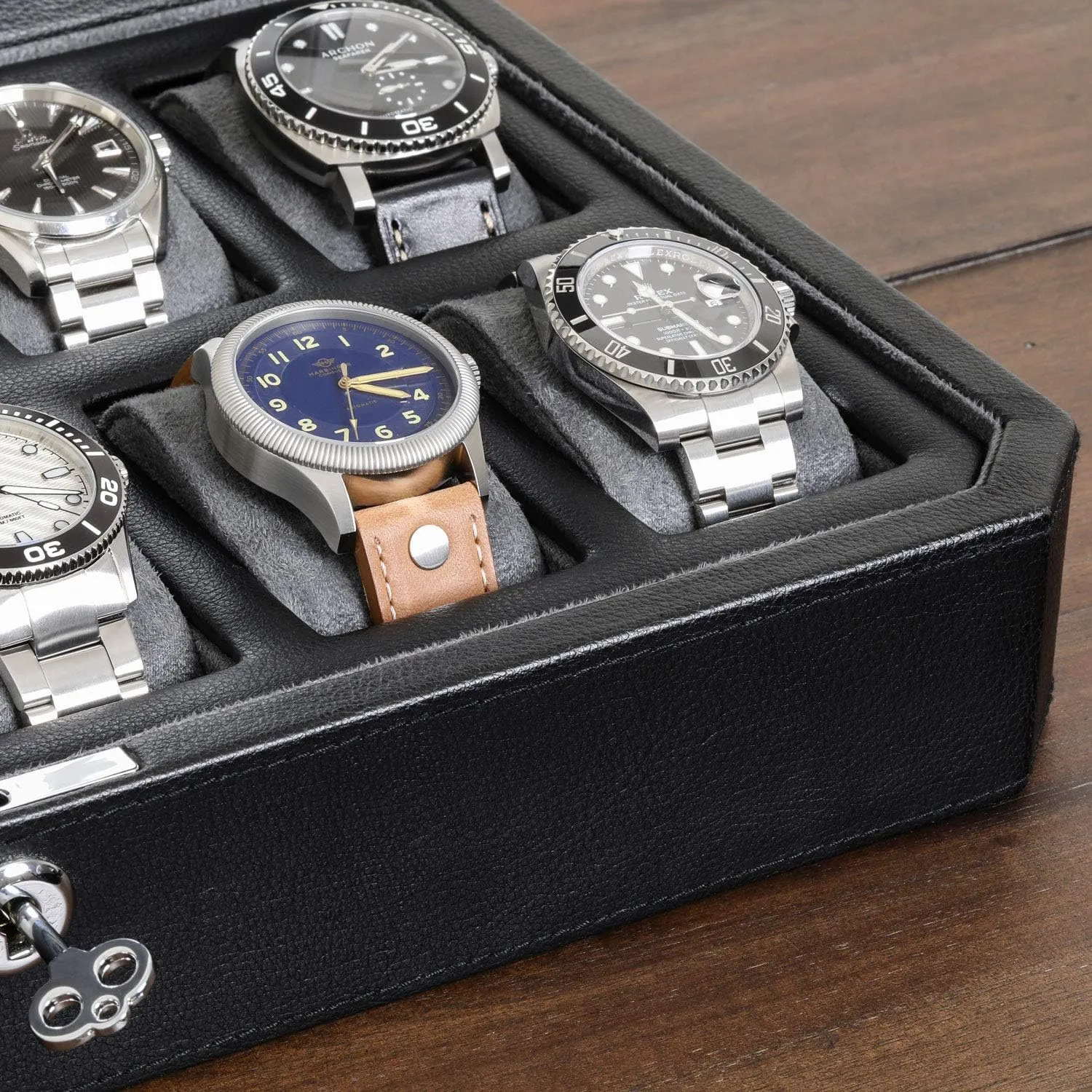 ROTHWELL 12 Slot Leather Watch Box for Men - Luxury Case Display Jewelry Organizer with Microsuede Liner - Travel Jewelry Case for Mens Accessories, Travel Organizer (Black & Grey)