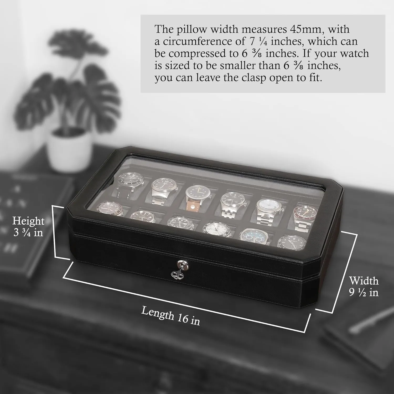 ROTHWELL 12 Slot Leather Watch Box for Men - Luxury Case Display Jewelry Organizer with Microsuede Liner - Travel Jewelry Case for Mens Accessories, Travel Organizer (Black & Grey)
