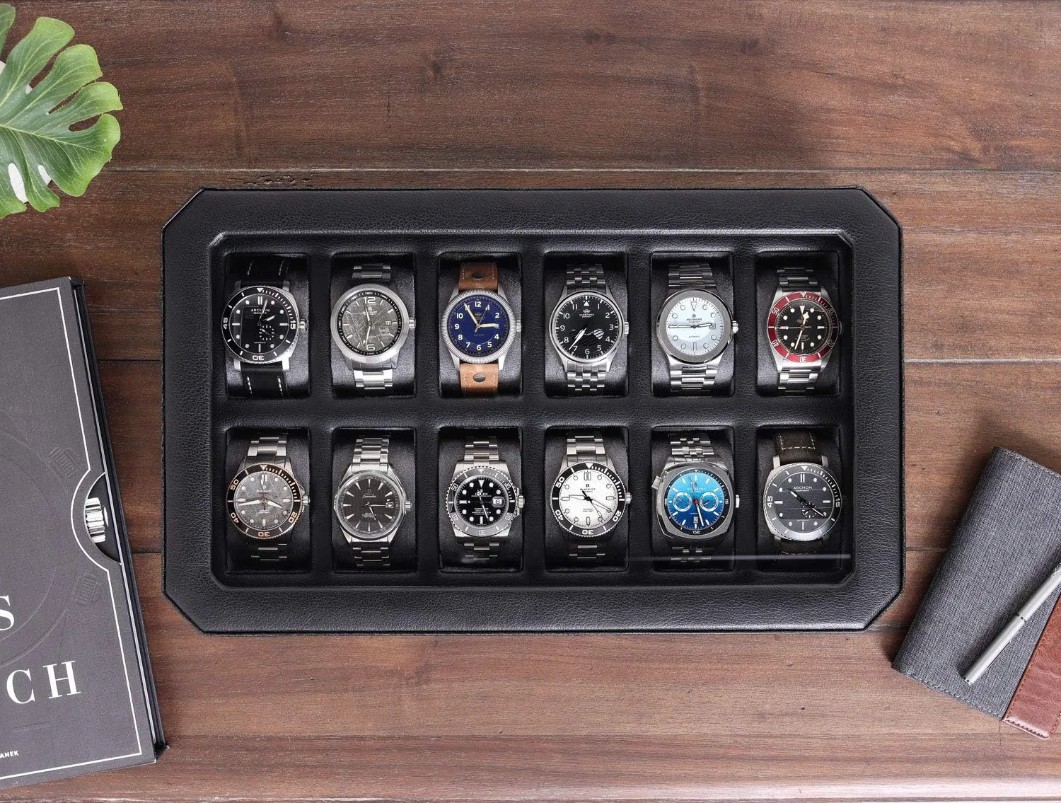 ROTHWELL 12 Slot Leather Watch Box for Men - Luxury Case Display Jewelry Organizer with Microsuede Liner - Travel Jewelry Case for Mens Accessories, Travel Organizer (Black & Grey)