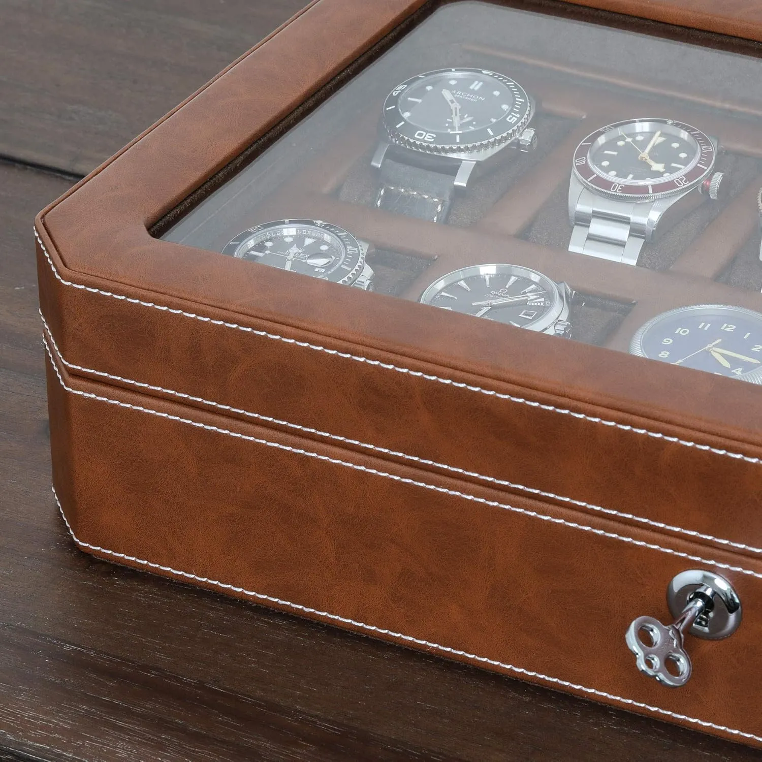 ROTHWELL 12 Slot Leather Watch Box - Luxury Watch Case Display Organizer, Microsuede Liner, Locking Mens Jewelry Watches Holder, Men's Storage Boxes Holder Large Glass Top (Tan/Brown)