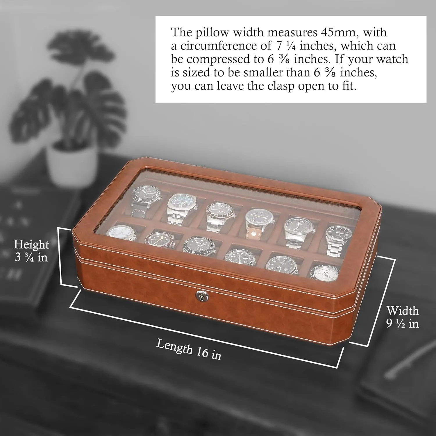 ROTHWELL 12 Slot Leather Watch Box - Luxury Watch Case Display Organizer, Microsuede Liner, Locking Mens Jewelry Watches Holder, Men's Storage Boxes Holder Large Glass Top (Tan/Brown)