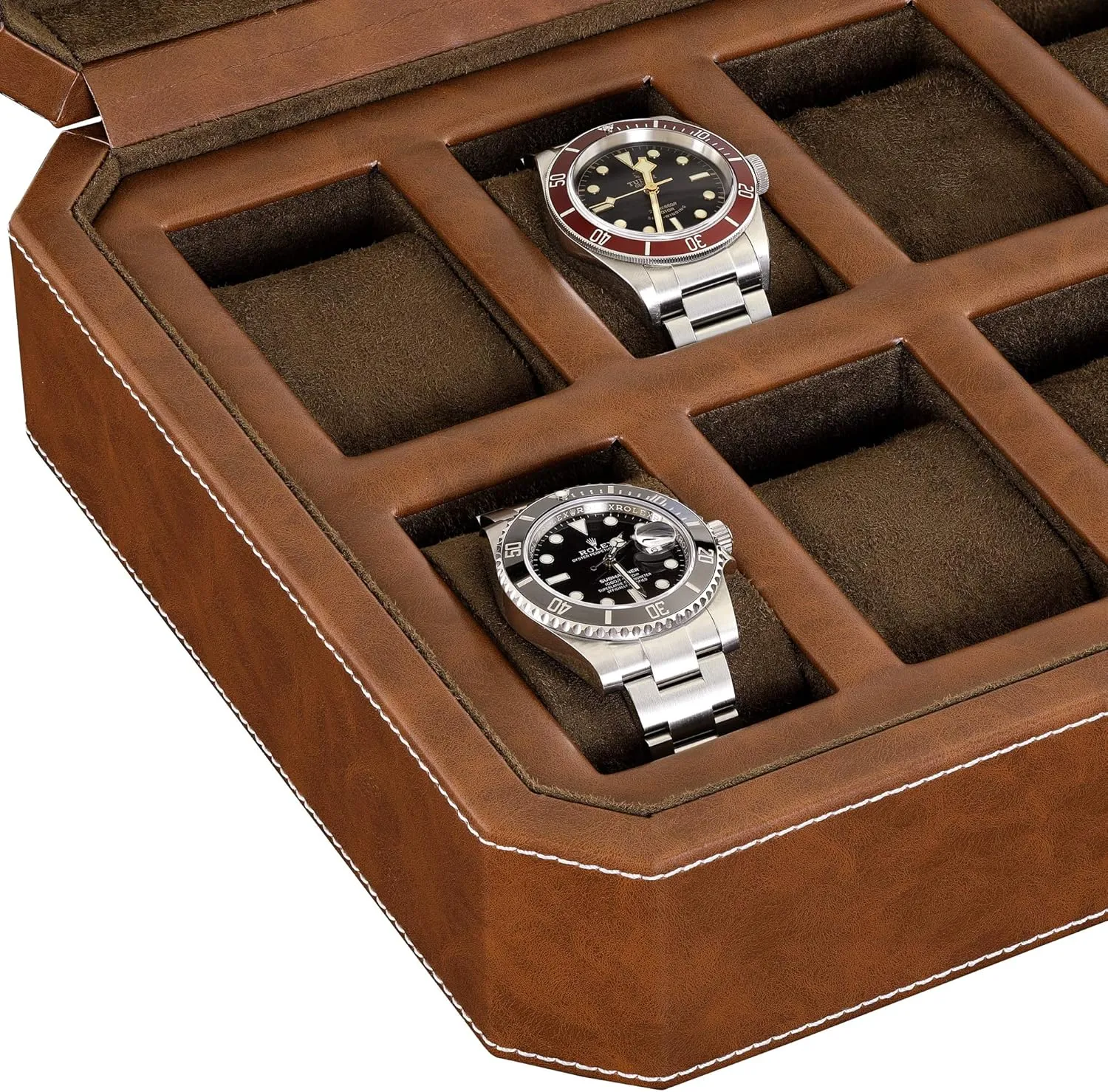 ROTHWELL 12 Slot Leather Watch Box - Luxury Watch Case Display Organizer, Microsuede Liner, Locking Mens Jewelry Watches Holder, Men's Storage Boxes Holder Large Glass Top (Tan/Brown)