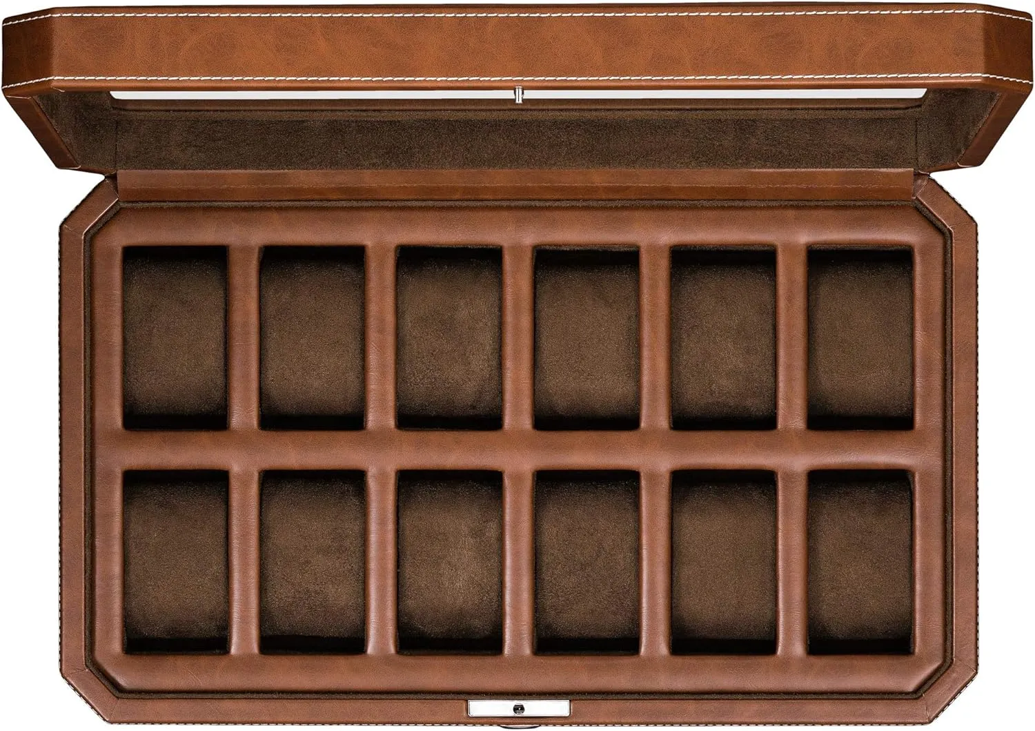 ROTHWELL 12 Slot Leather Watch Box - Luxury Watch Case Display Organizer, Microsuede Liner, Locking Mens Jewelry Watches Holder, Men's Storage Boxes Holder Large Glass Top (Tan/Brown)