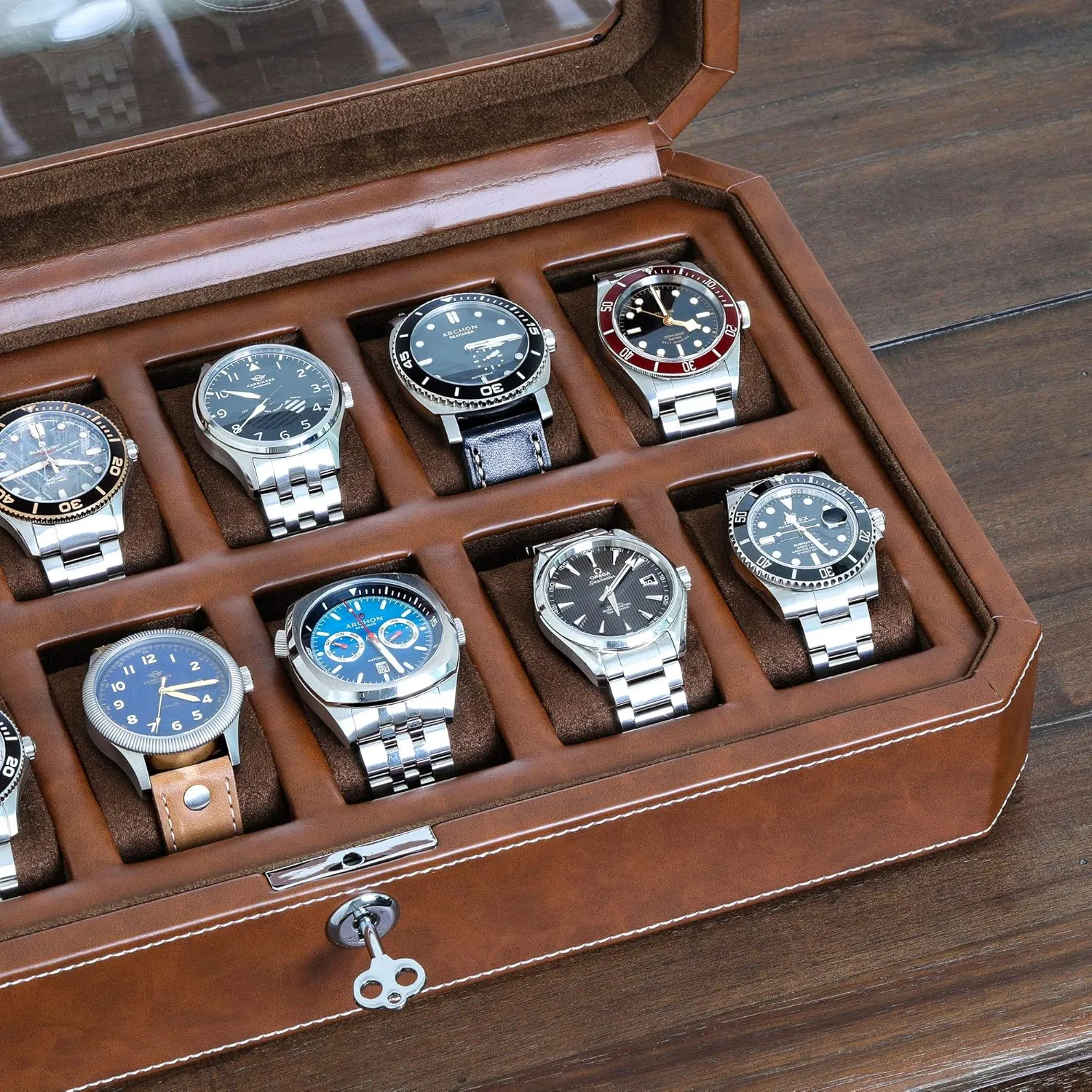 ROTHWELL 12 Slot Leather Watch Box - Luxury Watch Case Display Organizer, Microsuede Liner, Locking Mens Jewelry Watches Holder, Men's Storage Boxes Holder Large Glass Top (Tan/Brown)