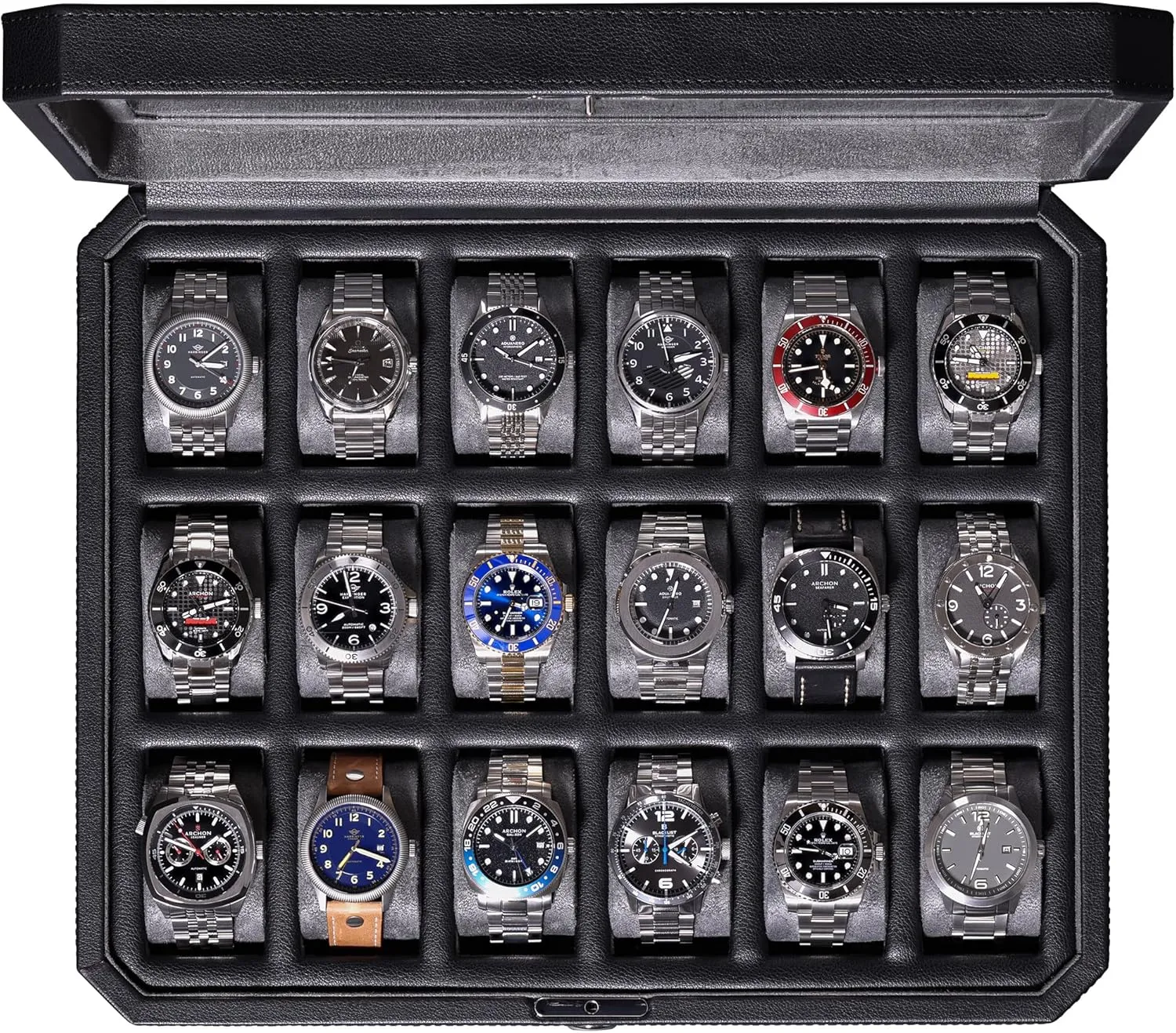 ROTHWELL 18-Slot Watch Case  Luxury Watch Box for Men, Real Glass Top, Lockable, Elegant Display for Collections (Black/Grey)
