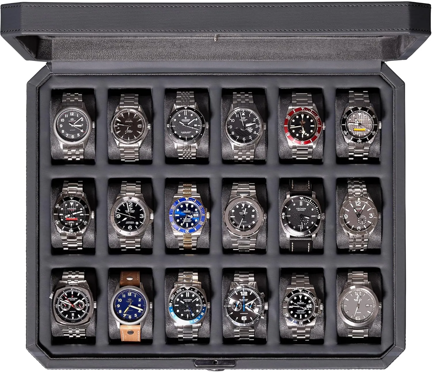 ROTHWELL 18-Slot Watch Case  Luxury Watch Box for Men, Real Glass Top, Lockable, Elegant Display for Collections (Carbon)