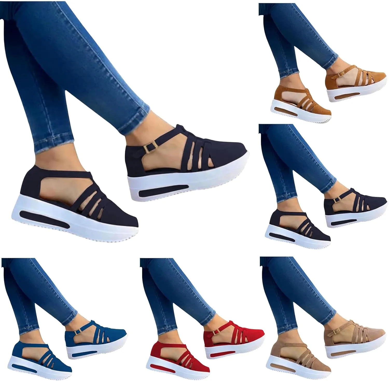 Sandals for Women Dressy Summer Non Slip Flatform Espadrilles Sandals Closed Toe Strappy Ankle Strap Metal Buckle Sandal T-Strap Comfort Shoes Walking Loafers