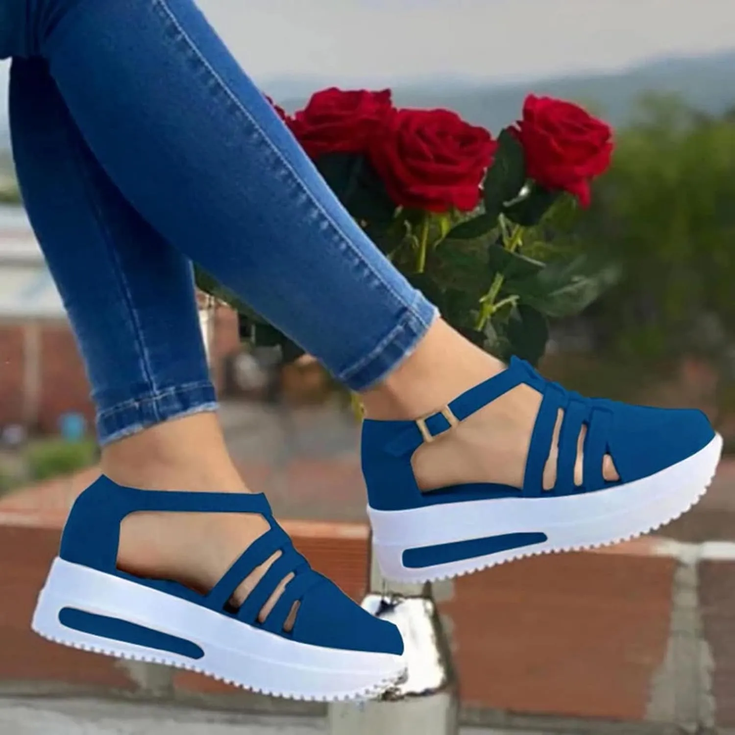 Sandals for Women Dressy Summer Non Slip Flatform Espadrilles Sandals Closed Toe Strappy Ankle Strap Metal Buckle Sandal T-Strap Comfort Shoes Walking Loafers