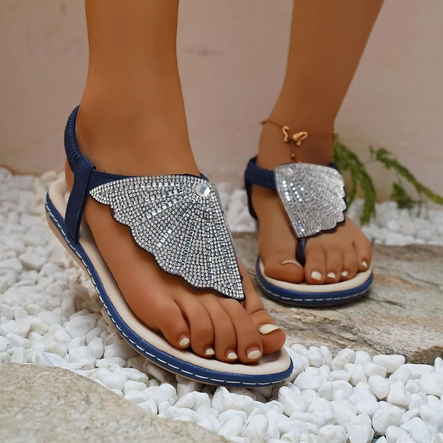 Sandals Womens Dressy Casual Arch Support Ladies Sandals Rhinestone Sparkle Wing Summer T Strap Flat Thong Flip Flop