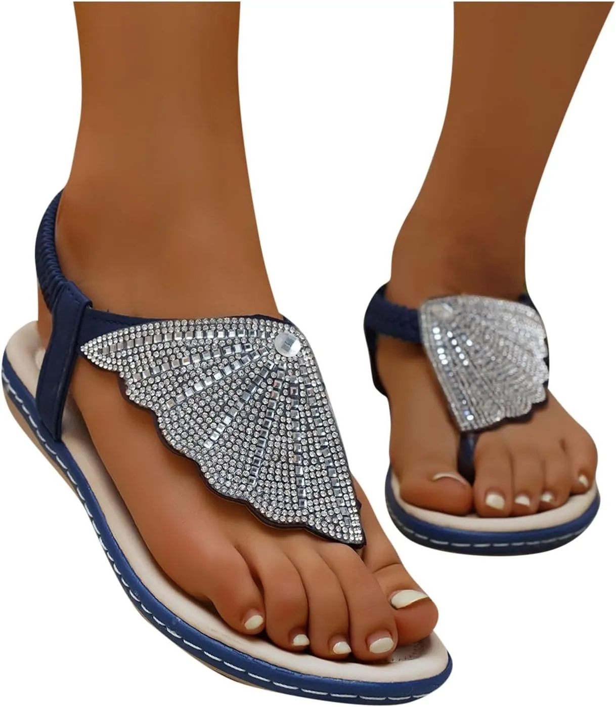 Sandals Womens Dressy Casual Arch Support Ladies Sandals Rhinestone Sparkle Wing Summer T Strap Flat Thong Flip Flop