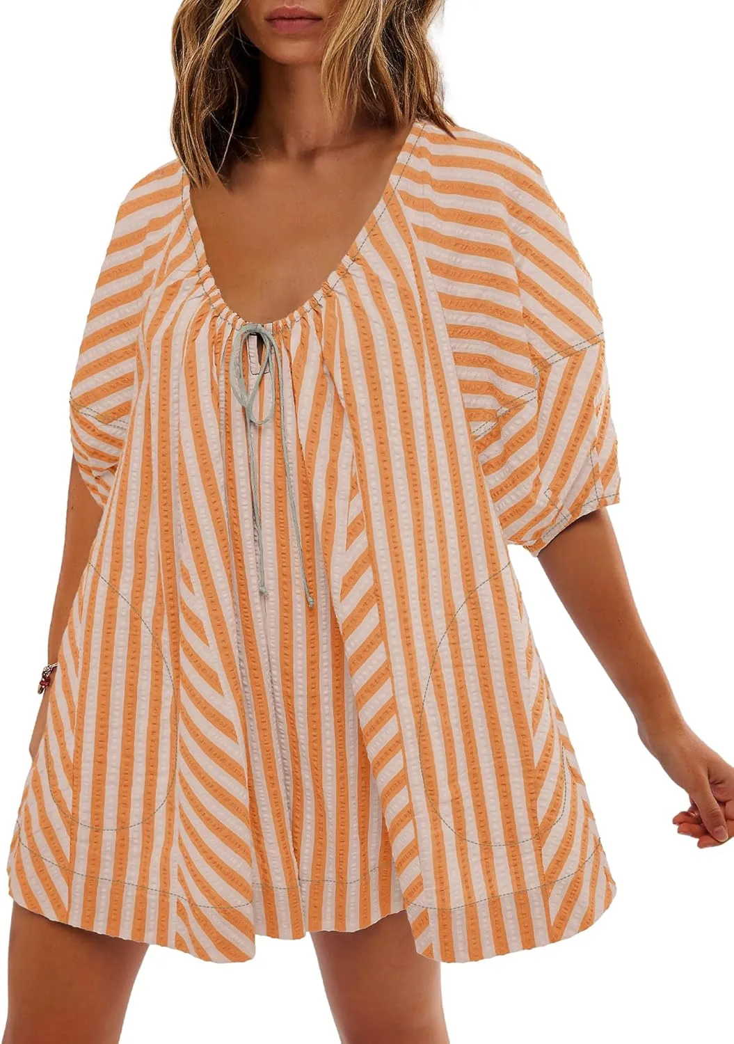 SENSERISE Womens Striped Romper Puff Sleeve Mini Shorts Romper Dress Beach Vacation Outfits with Pockets(Yellow,L)