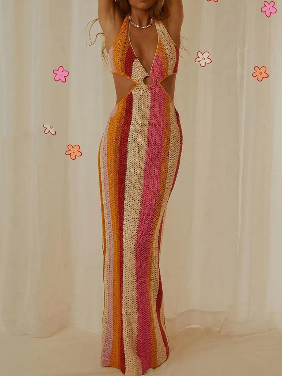 Sexy Knit Bodycon Dress for Women Sleeveless Spaghetti Strap Cut Out Maxi Dress Backless Y2K Summer Beach Dresses