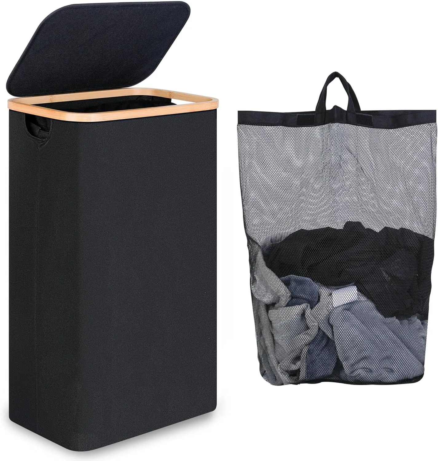 Slim Laundry Hamper, Narrow Laundry Basket with Lid,Foldable Clothes Hamper with Bamboo Handles,Hamper Basket with Removable Inner Bag for Laundry Room Bedroom College Dorm,75L Black