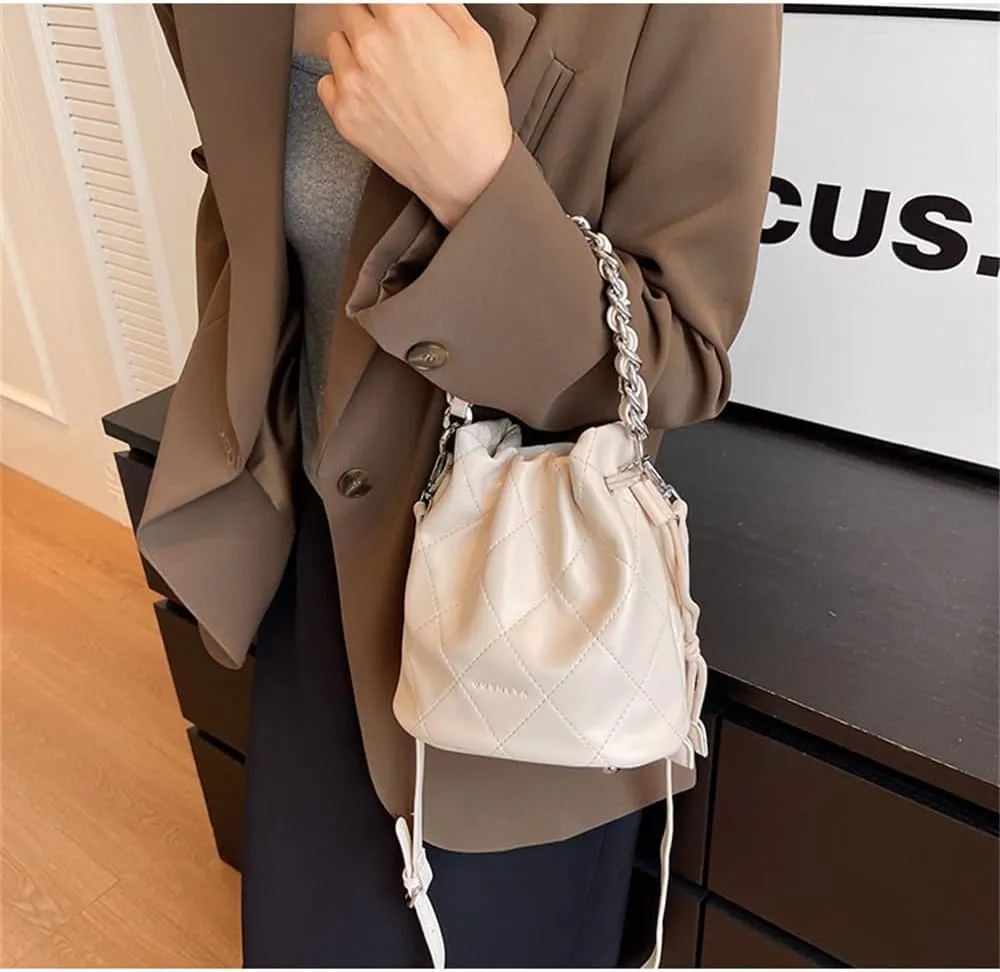 Small Leather Quilted Bucket Bag Crossbody Drawstring Bucket Handbag Thick Chain Satchel Shoulder Bucket Tote Bag