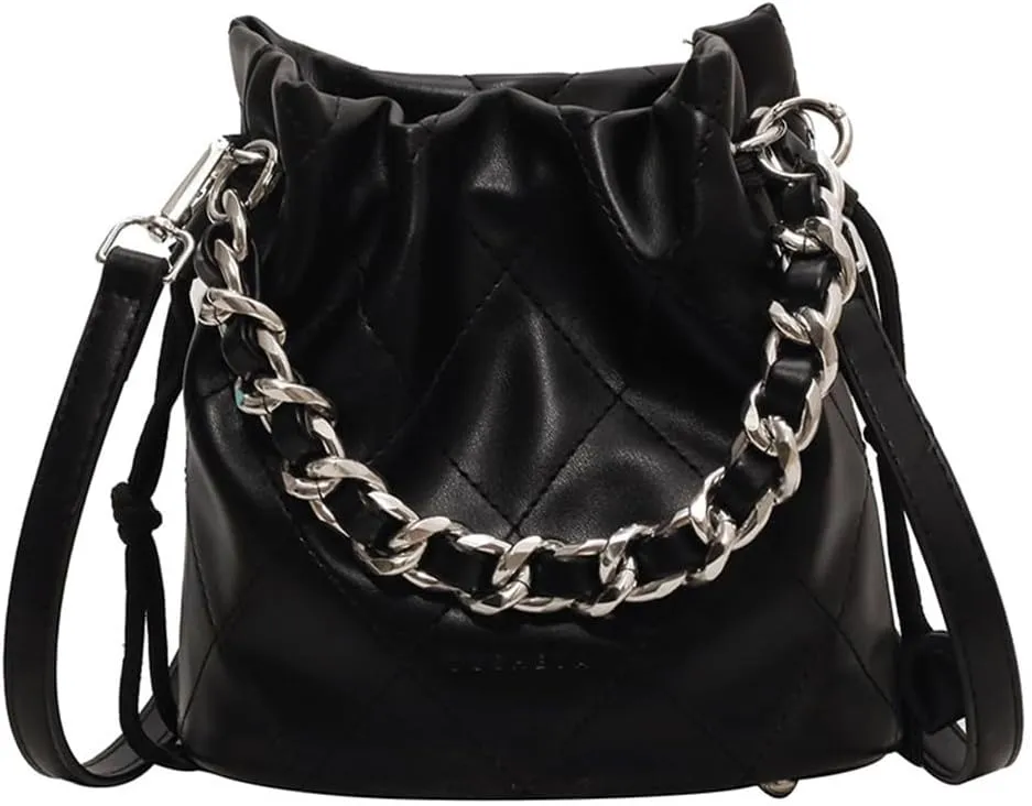 Small Leather Quilted Bucket Bag Crossbody Drawstring Bucket Handbag Thick Chain Satchel Shoulder Bucket Tote Bag