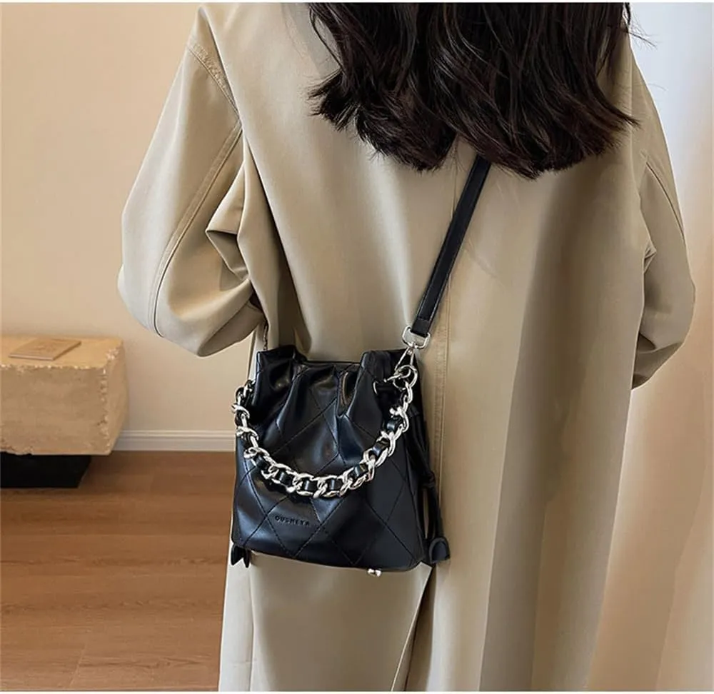 Small Leather Quilted Bucket Bag Crossbody Drawstring Bucket Handbag Thick Chain Satchel Shoulder Bucket Tote Bag