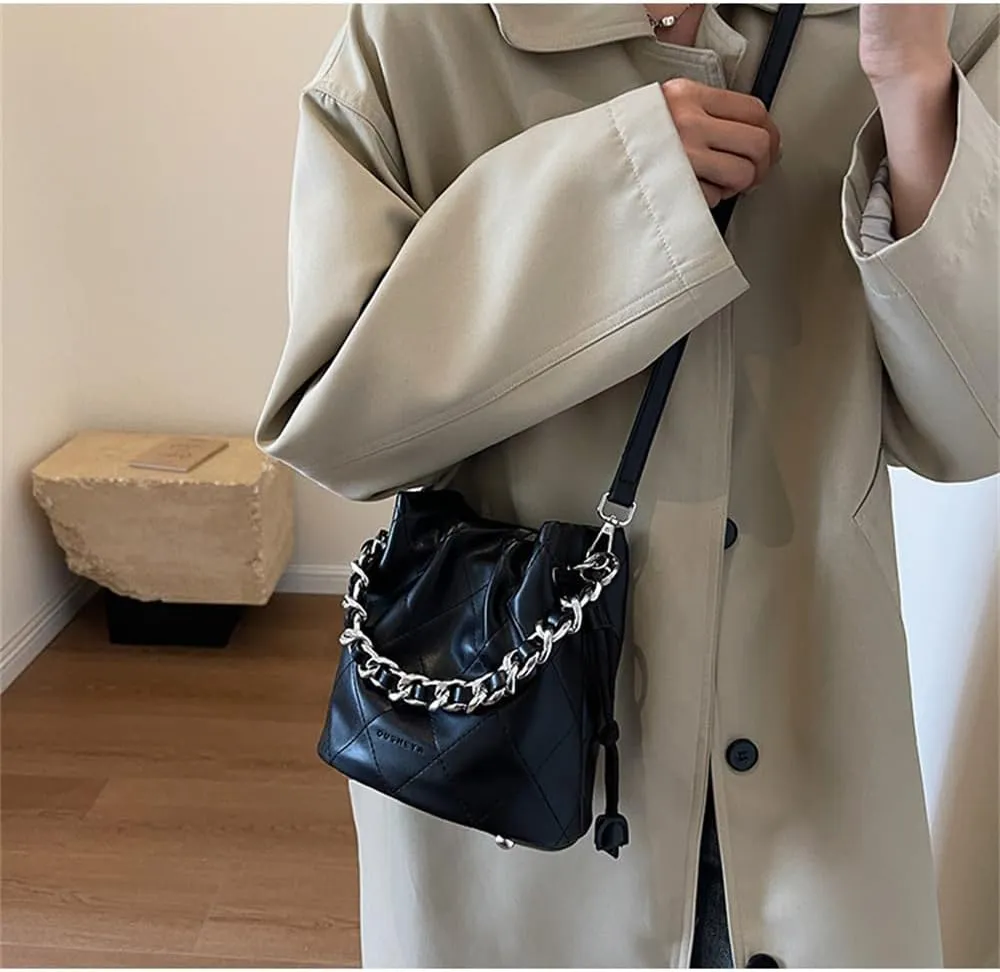 Small Leather Quilted Bucket Bag Crossbody Drawstring Bucket Handbag Thick Chain Satchel Shoulder Bucket Tote Bag