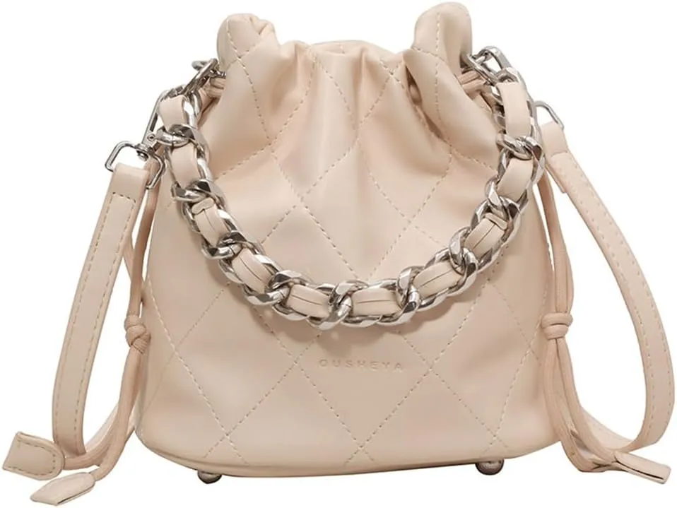 Small Leather Quilted Bucket Bag Crossbody Drawstring Bucket Handbag Thick Chain Satchel Shoulder Bucket Tote Bag