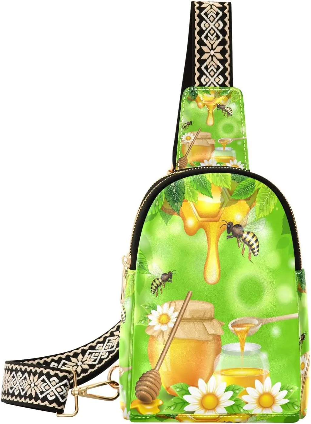 Small Sling Bag Fanny Packs Crossbody Bags for Women Bee with Honeycomb Leather Fashion Chest Bag Belt Bag for Women for Travel Sports Running Hiking