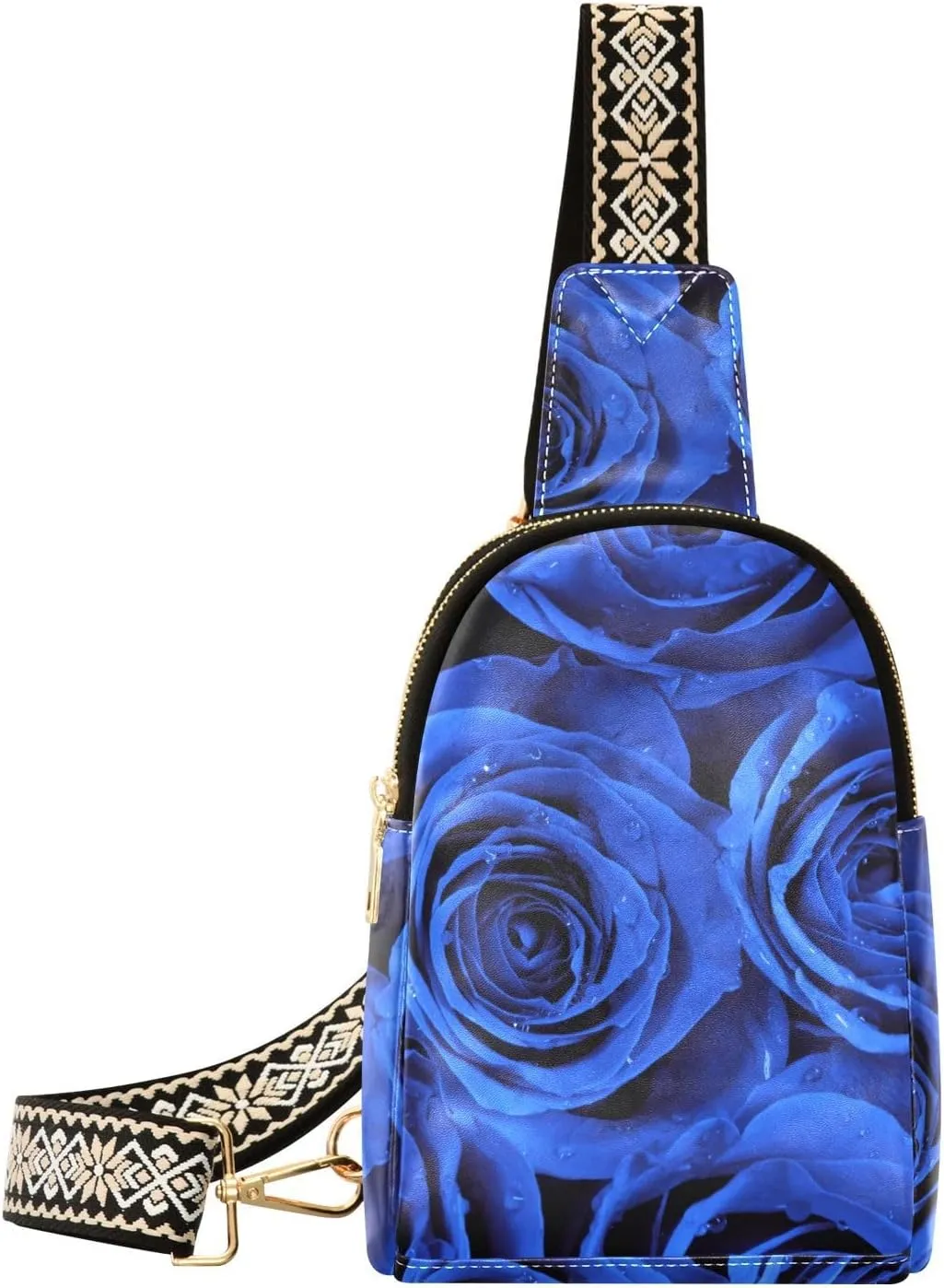 Small Sling Bag Fanny Packs Crossbody Bags for Women Blue Roses Leather Fashion Chest Bag Belt Bag for Women for Travel Sports Running Hiking