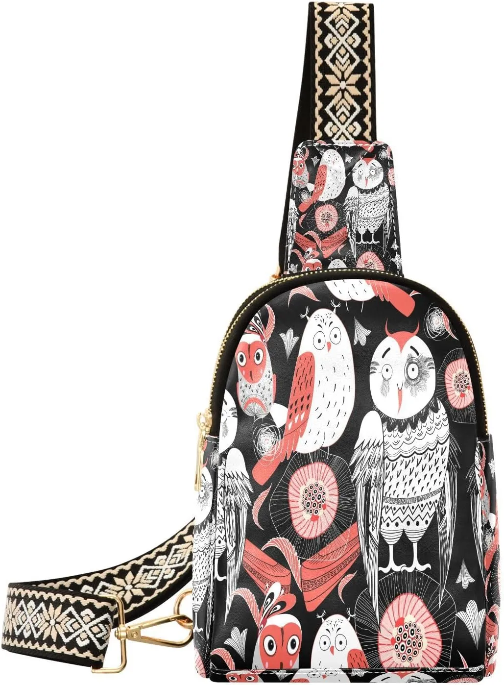 Small Sling Bag Fanny Packs Crossbody Bags for Women Funny Owl Leather Fashion Chest Bag Belt Bag for Women for Travel Sports Running Hiking