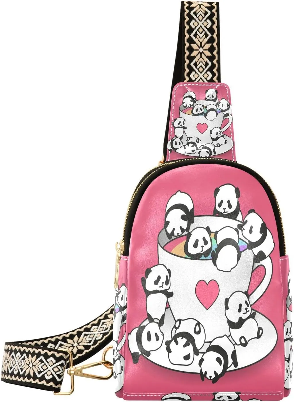 Small Sling Bag Fanny Packs Crossbody Bags for Women Panda Bear Cup Leather Fashion Chest Bag Belt Bag for Women for Travel Sports Running Hiking
