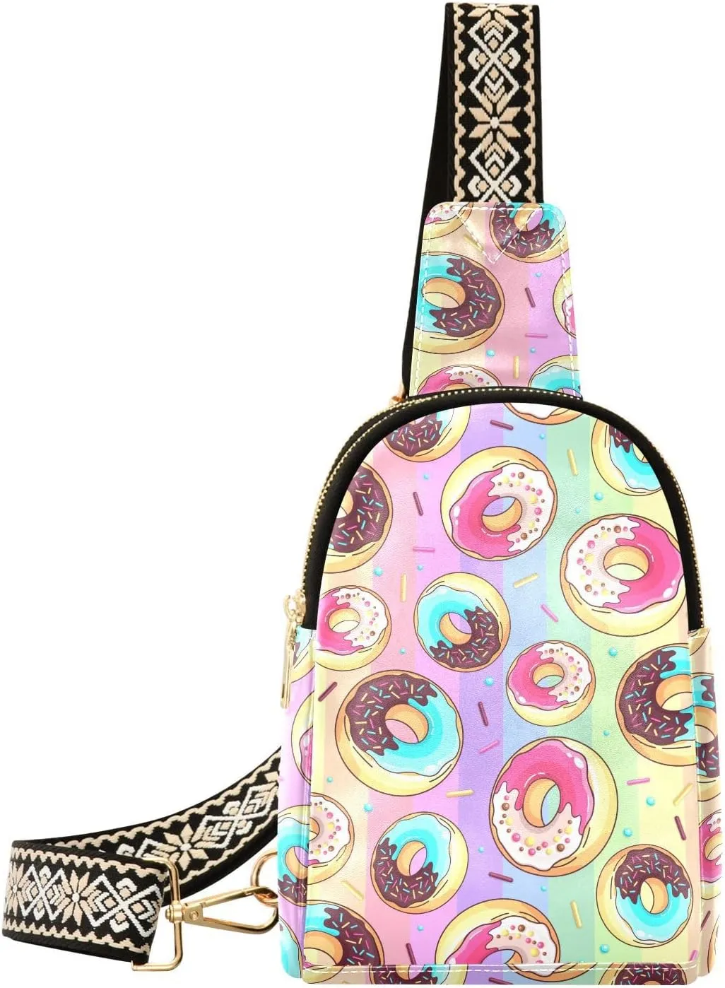 Small Sling Bag for Women Colorful Sweet Donuts PC Leather Fanny Pack Crossbody Fashion Waist Packs Chest Bag for Travel Sports Running Hiking