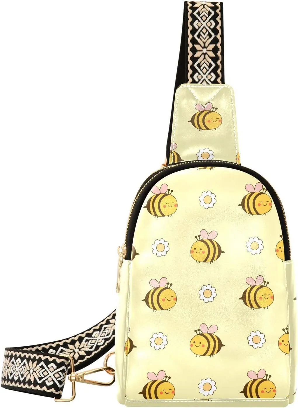 Small Sling Bag for Women Cute Bee and Flower PC Leather Fanny Pack Crossbody Yellow Fashion Waist Packs Chest Bag for Travel Sports Running Hiking