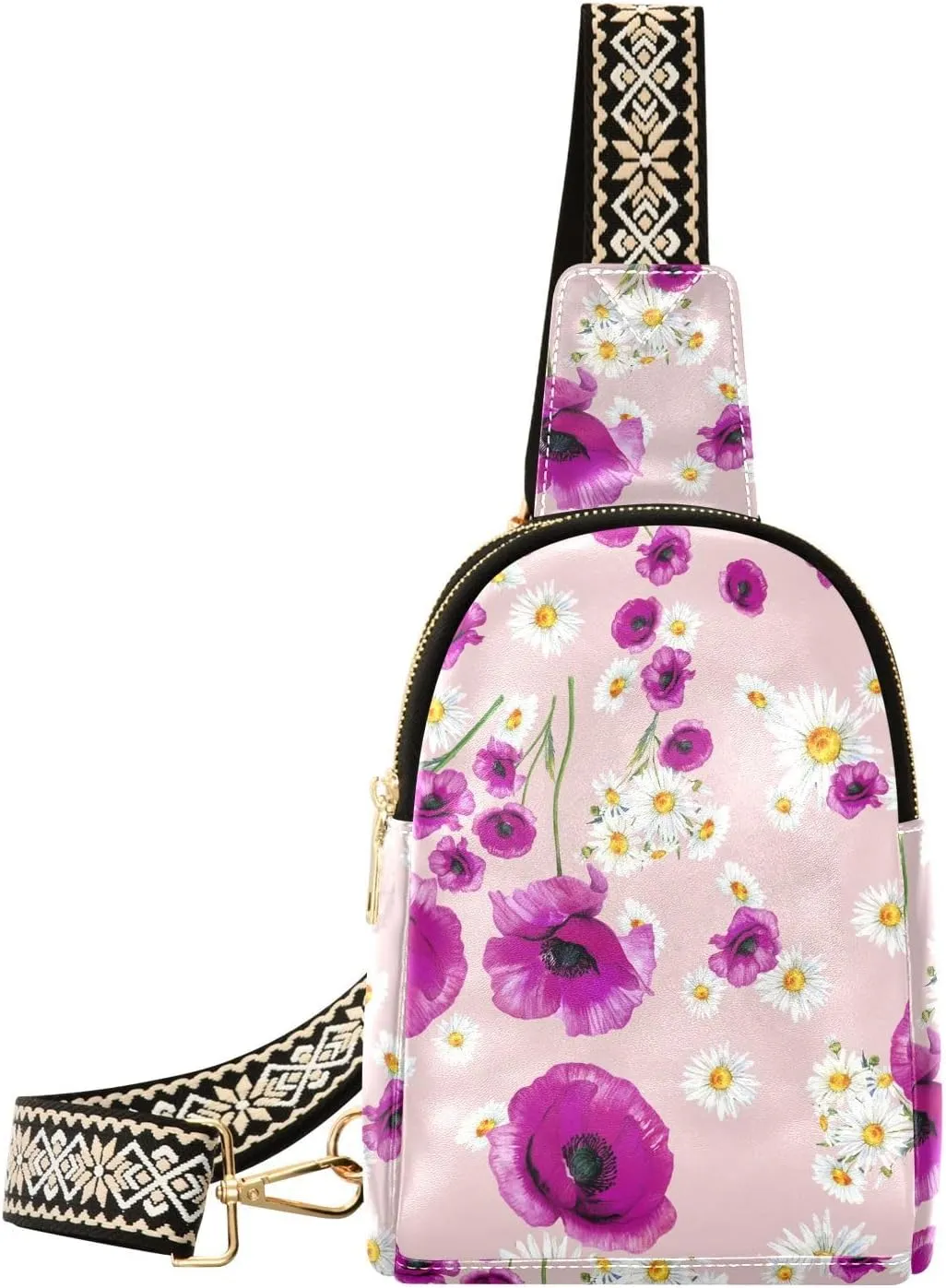 Small Sling Bag for Women Purple Poppy PC Leather Fanny Pack Crossbody Daisy Flowers Fashion Waist Packs Chest Bag for Travel Sports Running Hiking