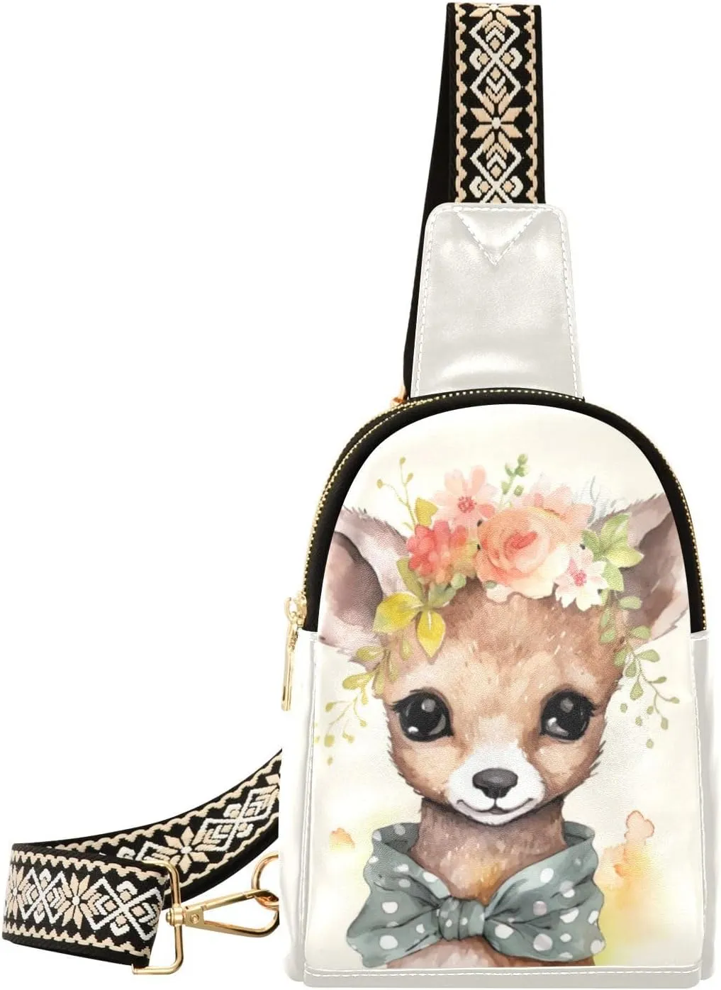 Small Sling Bag for Women,Cute Deer PU Leather Crossbody Bags Chest Bag,Fashion Waist Packs with Adjustable Strap Hiking Traveling,A111470