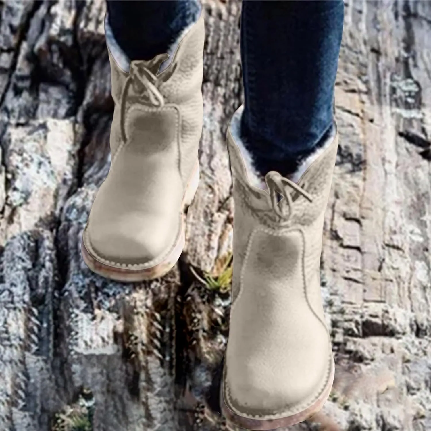 Snow Boots for Women Flat Heel Round Toe Casual Boots Front Lace Up Low Solid Color Large Size Winter Snow Boots