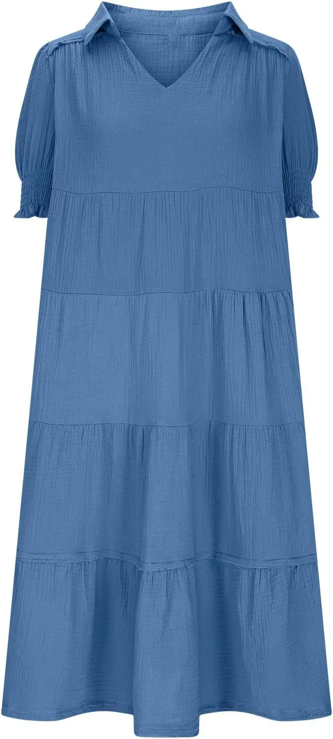 Solid Puff Sleeve Dresses Women Spring Summer Trendy Midi Dress Pleated Swing V Neck Sundress Casual Outfits