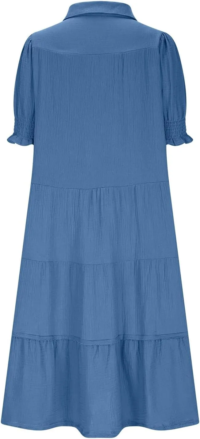 Solid Puff Sleeve Dresses Women Spring Summer Trendy Midi Dress Pleated Swing V Neck Sundress Casual Outfits