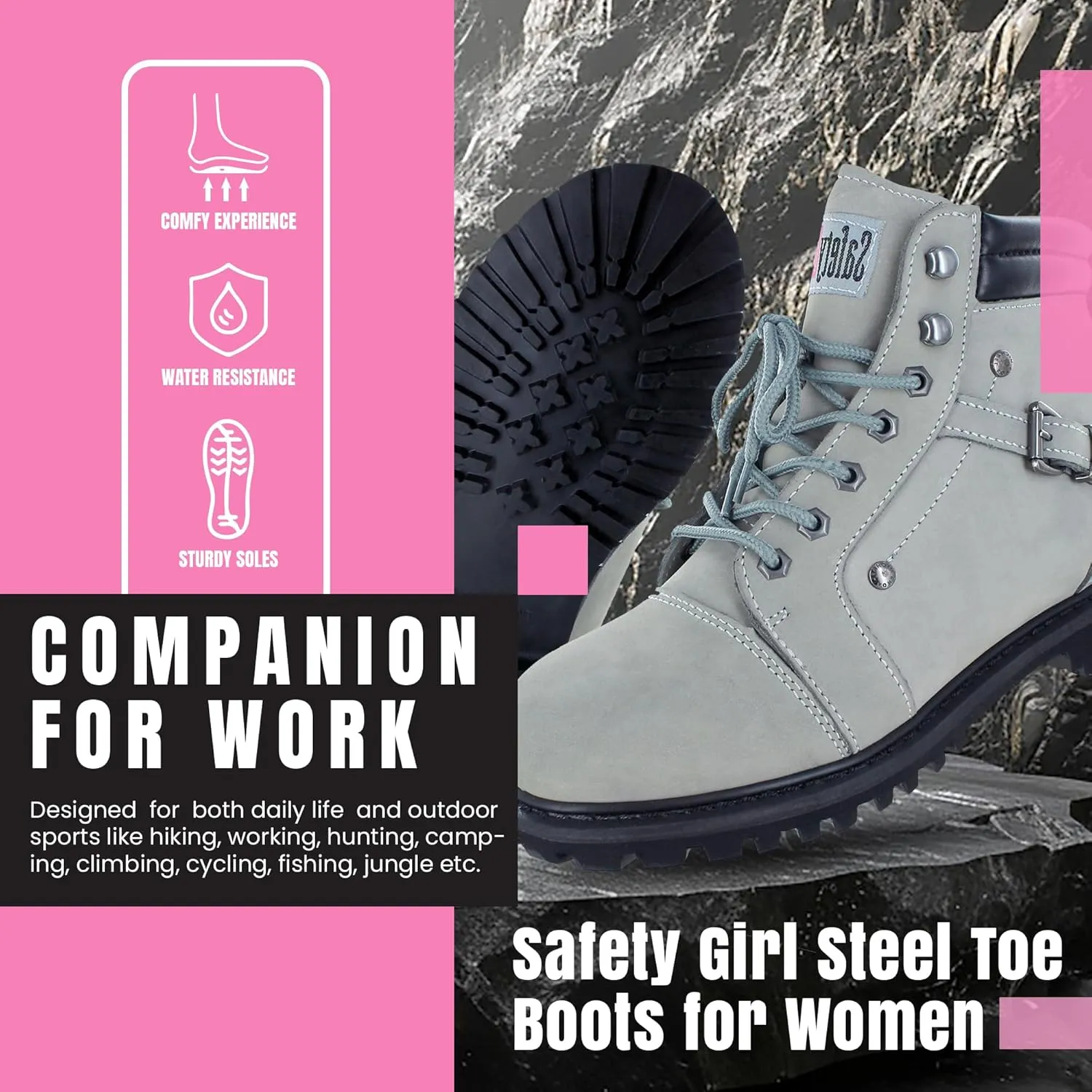 Steel Toe Boots for Women - Light Gray - 6M| Waterproof Women's Fusion Work Boots | Leather Work Boots | Rugged Goodyear Welt Construction | Oil Resistant Outsoles & Cushioned Insoles