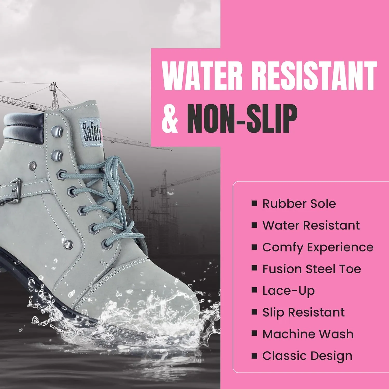 Steel Toe Boots for Women - Light Gray - 6M| Waterproof Women's Fusion Work Boots | Leather Work Boots | Rugged Goodyear Welt Construction | Oil Resistant Outsoles & Cushioned Insoles
