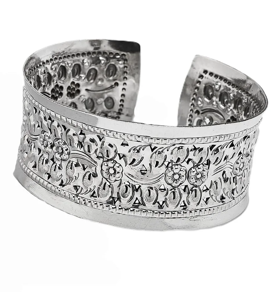 Sterling Silver Floral Cuff Bangle for Women - Women's Chunky Statement 38mm Wide Cuff Bracelet with Flower Design