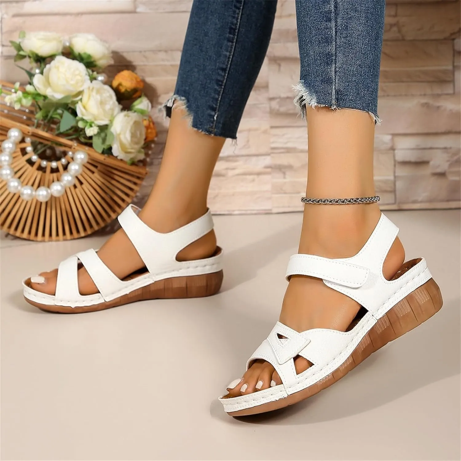 Strappy Low Wedge Sandals for Women Comfortable Wide Width Vacation Summer Sandals Ankle Strap Slingback Sandal