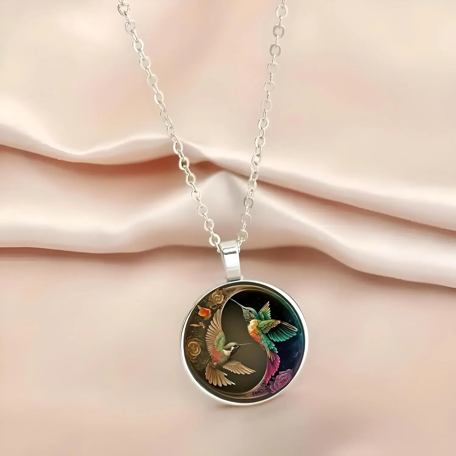 Stunning Hummingbird Pendant Necklace - Two Humming Birds Searching for Flower - Fashionable Alloy Jewelry with Delicate Details - Birthday, Party, Gift Idea for Her