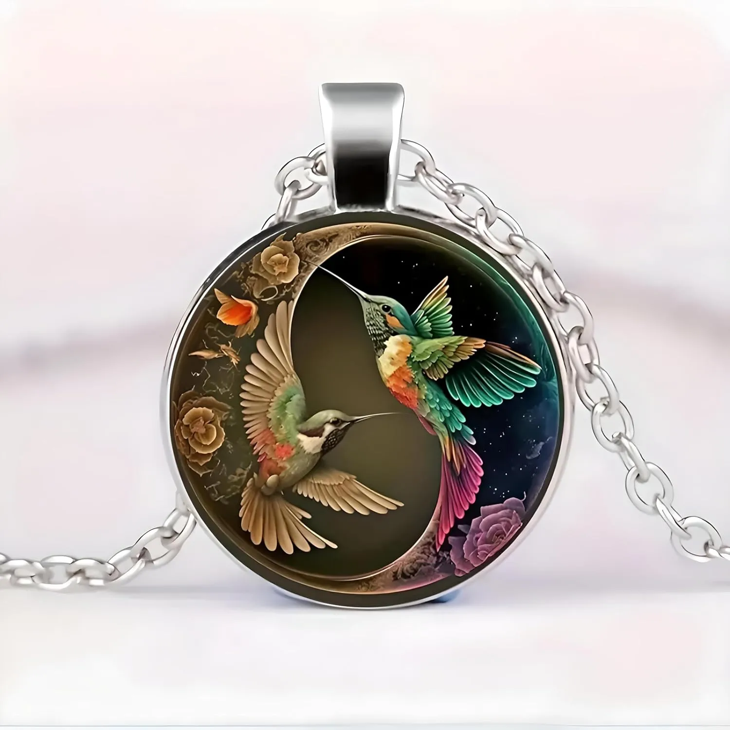 Stunning Hummingbird Pendant Necklace - Two Humming Birds Searching for Flower - Fashionable Alloy Jewelry with Delicate Details - Birthday, Party, Gift Idea for Her