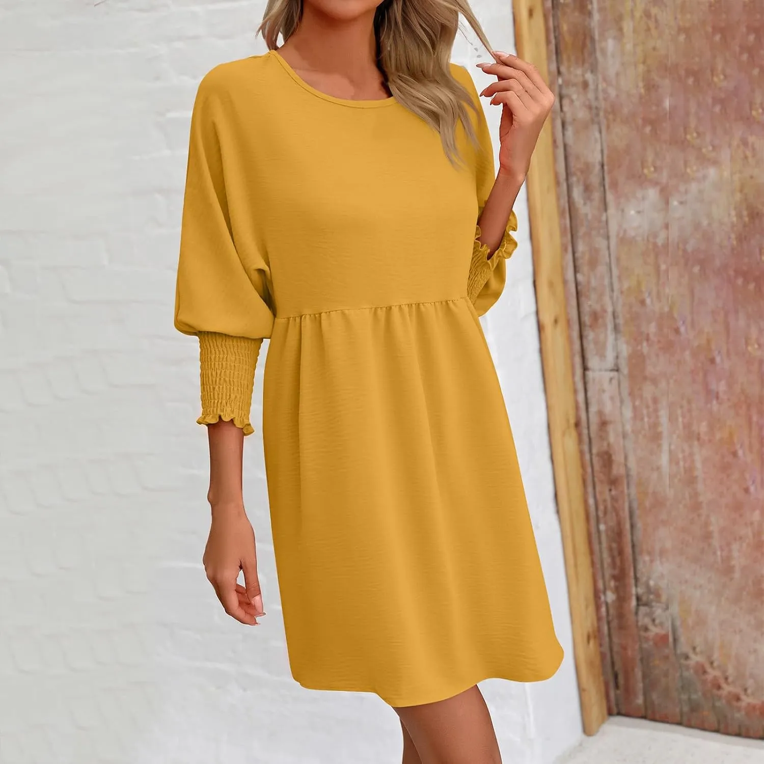 Summer Dress for Women Causal Party Round Neck 3/4 Length Puff Sleeve Midi Flowy Chiffon Dresses 2024 Fall Clothes