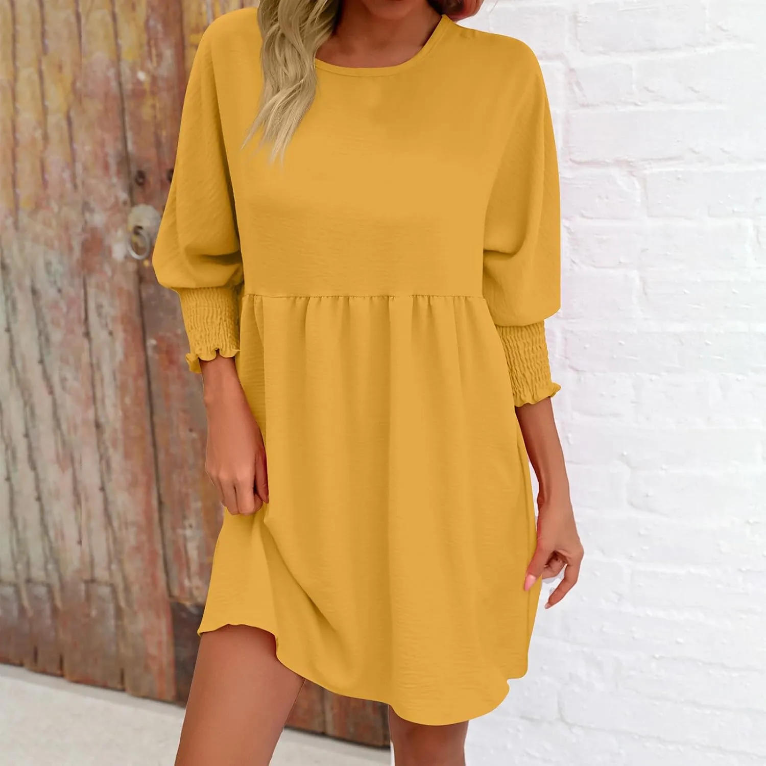 Summer Dress for Women Causal Party Round Neck 3/4 Length Puff Sleeve Midi Flowy Chiffon Dresses 2024 Fall Clothes